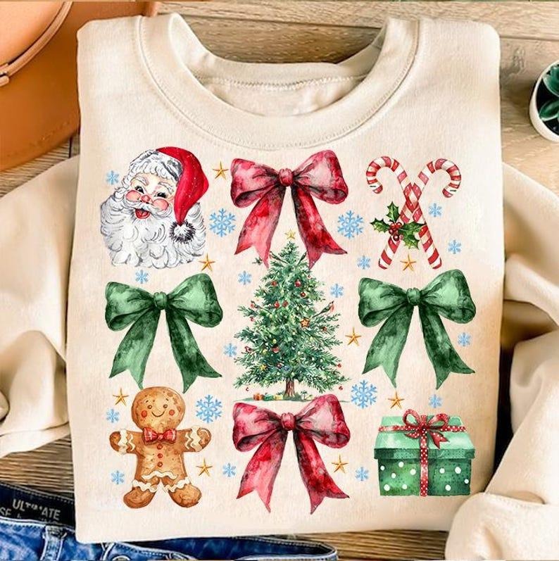 Coquette Christmas Sweatshirt, Coquette Bow, Christmas sublimation, Trending, Retro Holidays, Holiday vibes, Girly Christmas