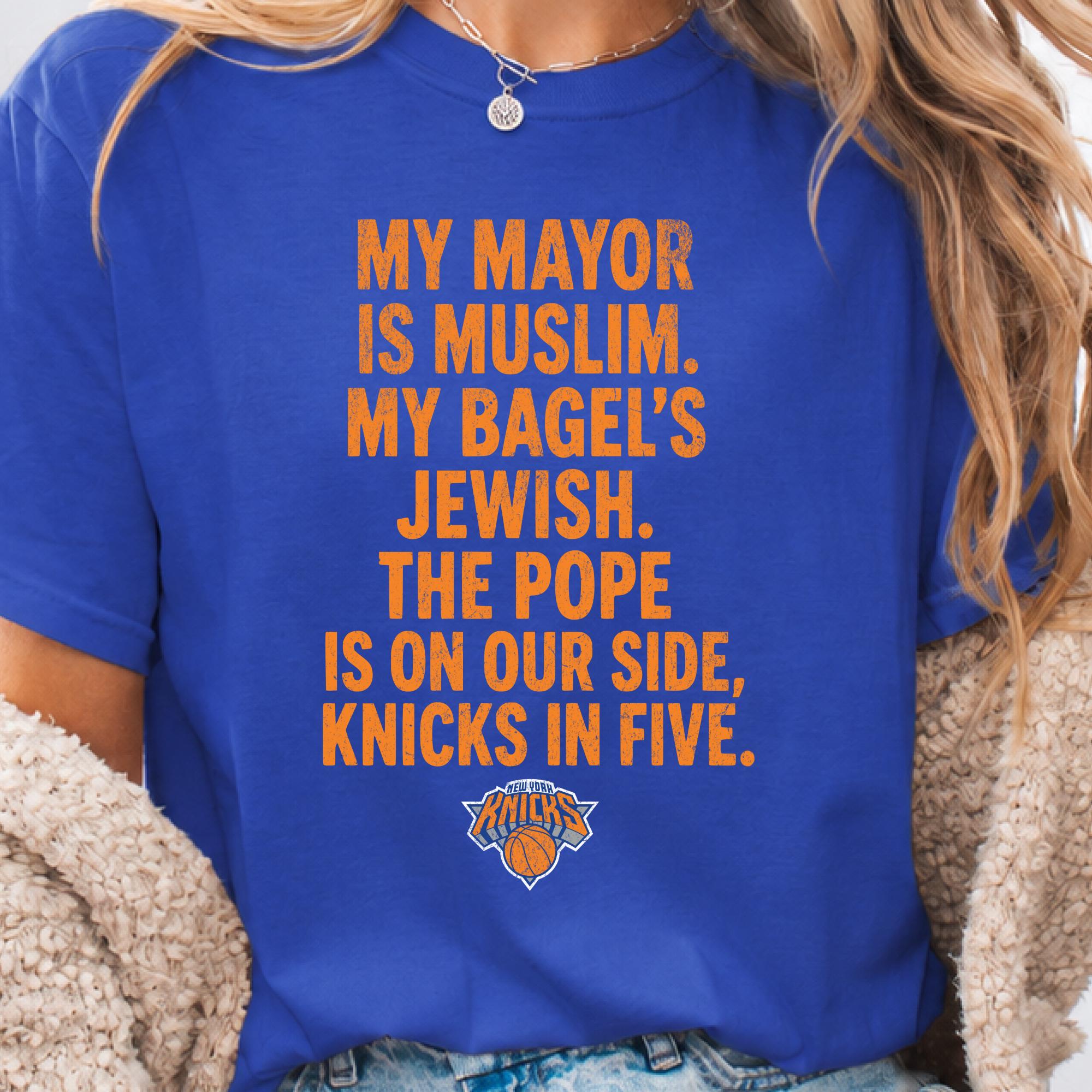Mayor Muslim Bagels Jewish Pope Side Knicks Five Gildan Tee Knicks Nba Champions 2026 York City Parade (1)