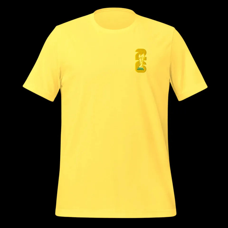 World Football Trophy Embroidered Logo T-Shirt - Gold Trophy & Yellow 26 - Soccer Fan Tee