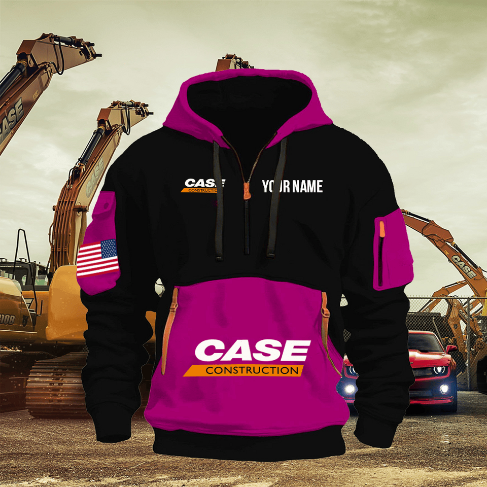 Case Construction Equipment Personalized Name Pink & Black Quarter Zipper Hoodie