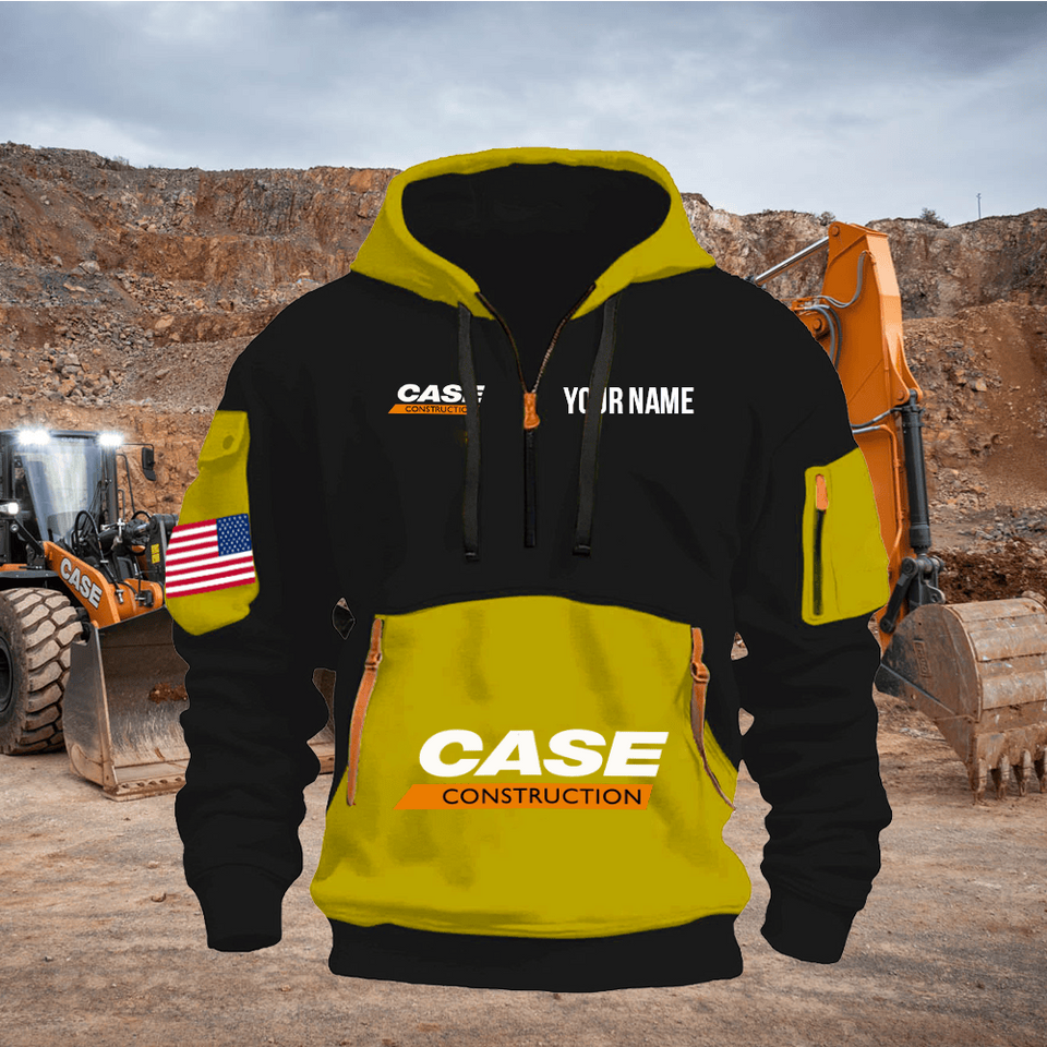 Case Construction Equipment Personalized Name Yellow & Black Quarter Zipper Hoodie