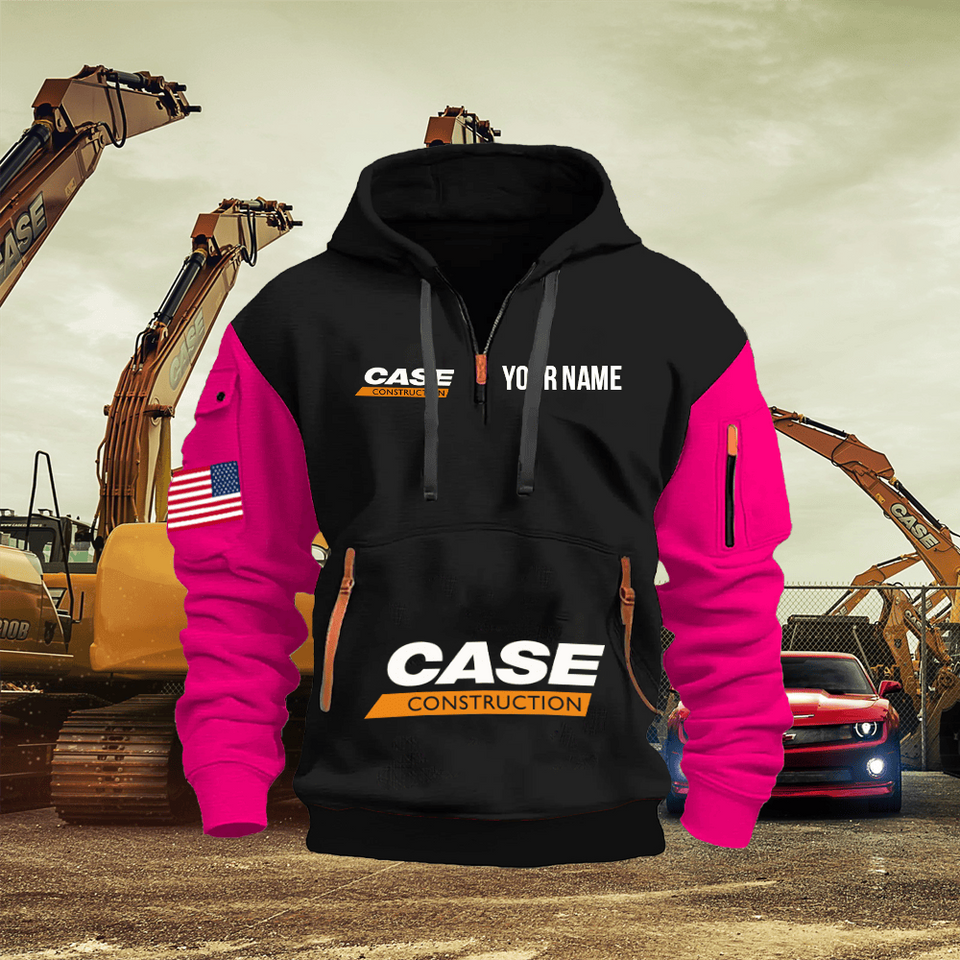 Case Construction Equipment Personalized Name Black Quarter Zipper Hoodie - Pink Sleeve