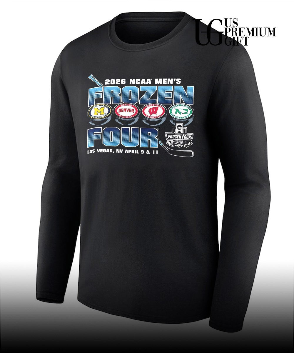 2026 NCAA Men’s Frozen Four Michigan Wolverines Denver Pioneers Wisconsin Badgers and North Dakota Fighting Hawks logo shirt