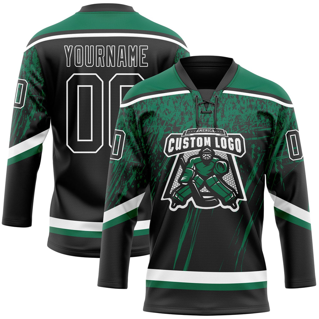 Custom Black Kelly Green-White 3D Splash Hockey Lace Neck Jersey
