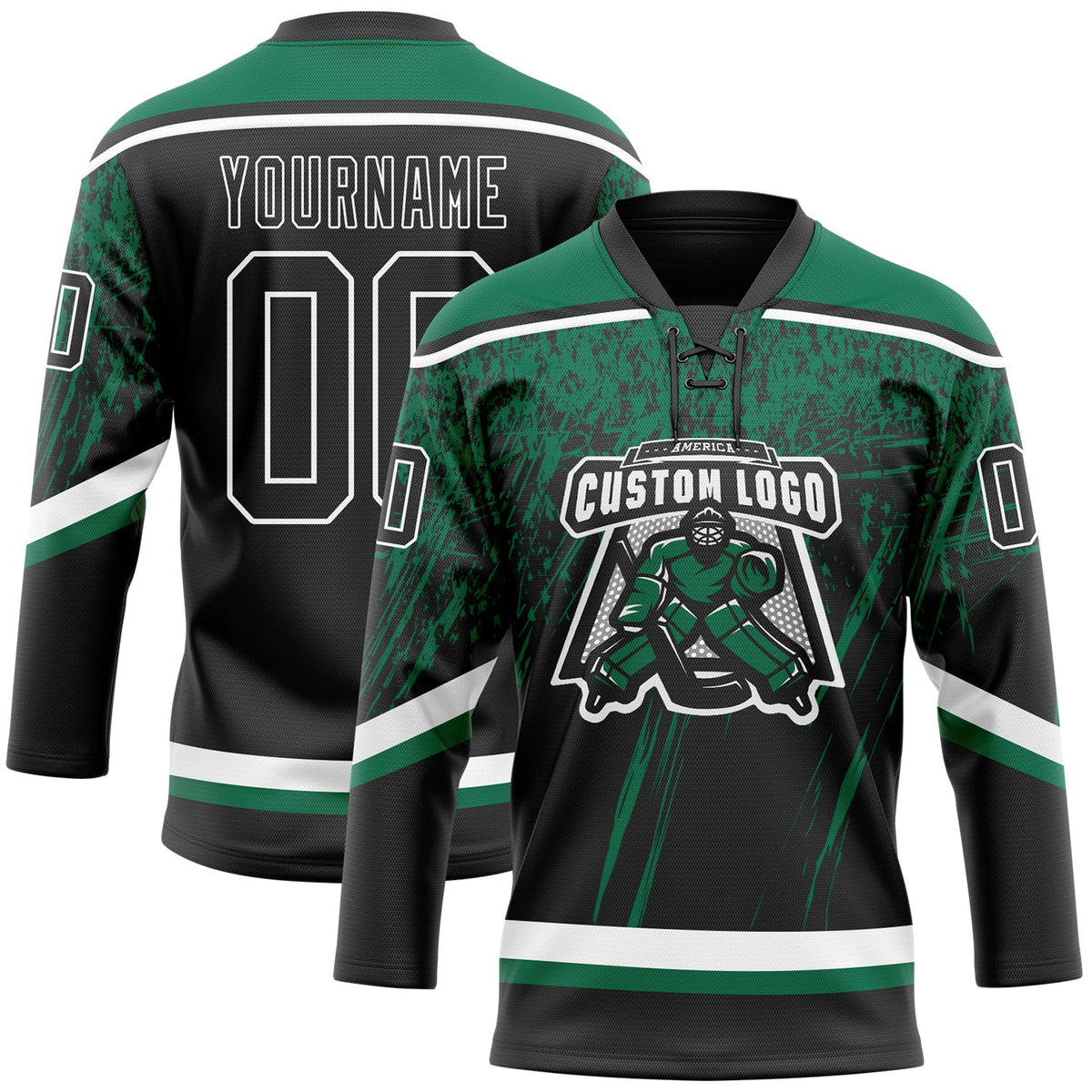 Custom Black Kelly Green-White 3D Splash Hockey Lace Neck Jersey