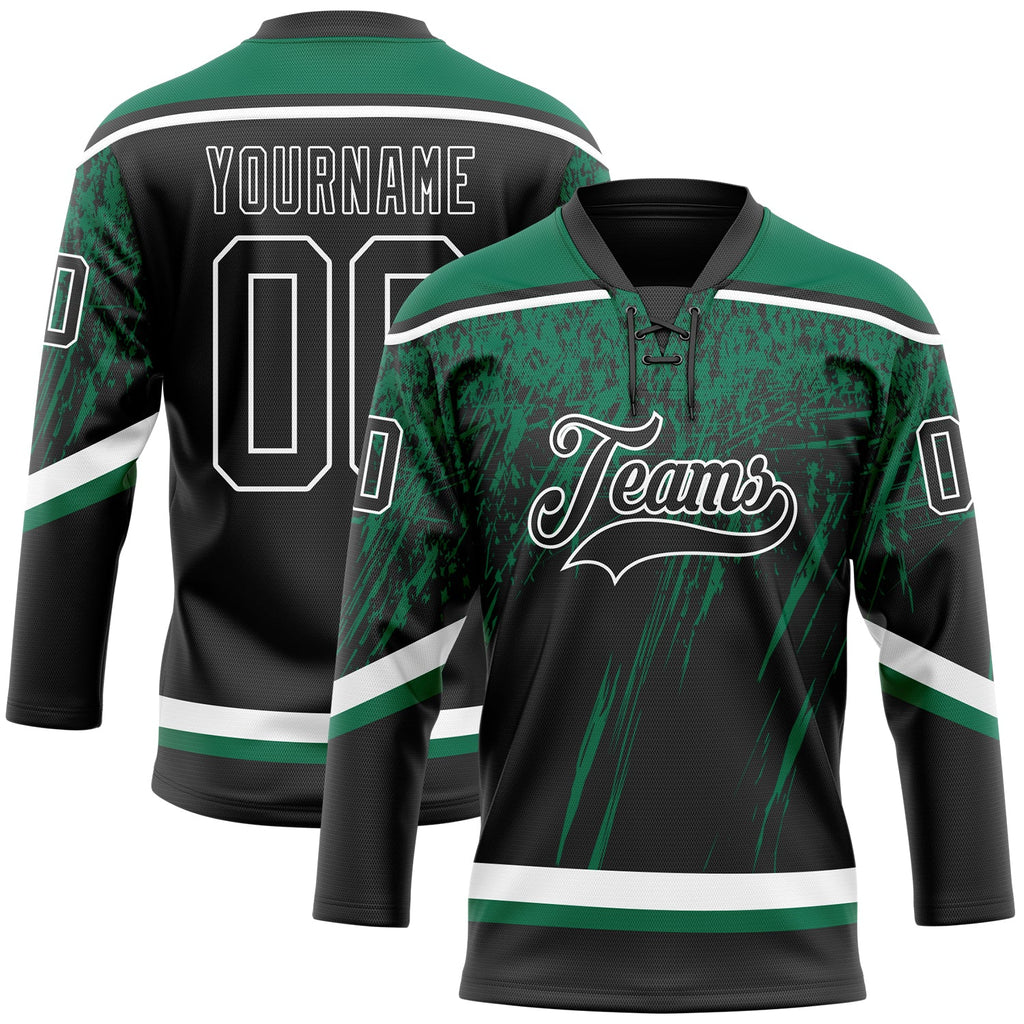 Custom Black Kelly Green-White 3D Splash Hockey Lace Neck Jersey
