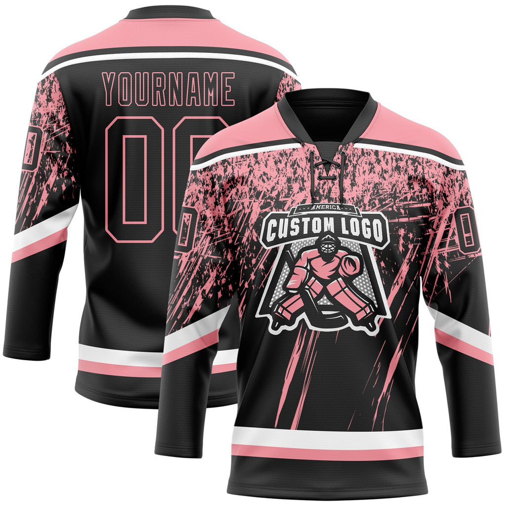 Custom Black Medium Pink-White 3D Splash Hockey Lace Neck Jersey