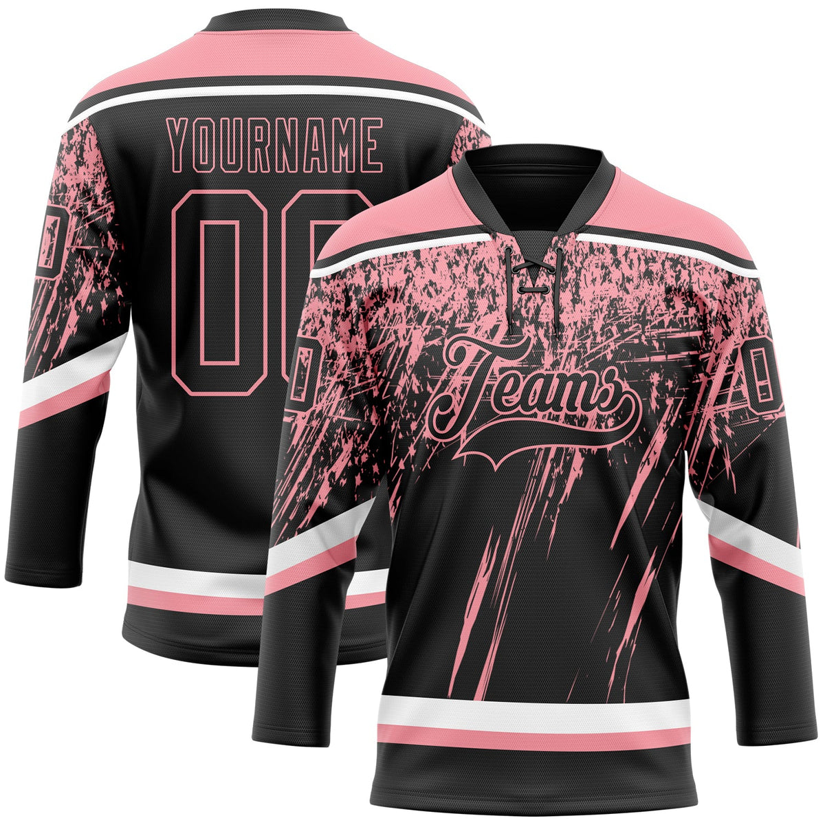 Custom Black Medium Pink-White 3D Splash Hockey Lace Neck Jersey
