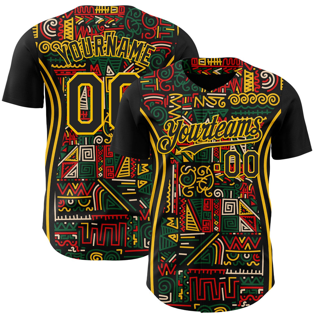 Custom Black Yellow Green-Red 3D Pattern Design Black History Month African Ethnicity Style Abstract Geometric Authentic Baseball Jersey