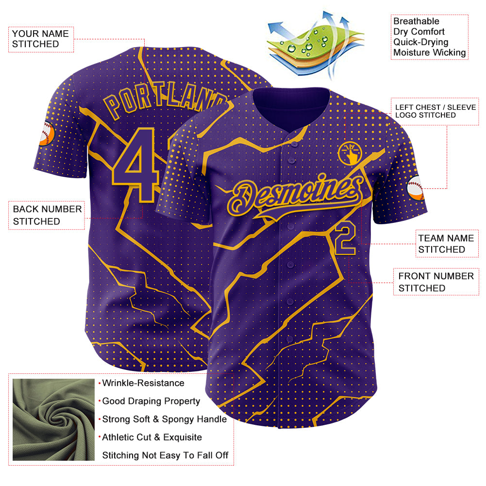 Custom Purple Gold Lightning Polka Dot Authentic Baseball Jersey
