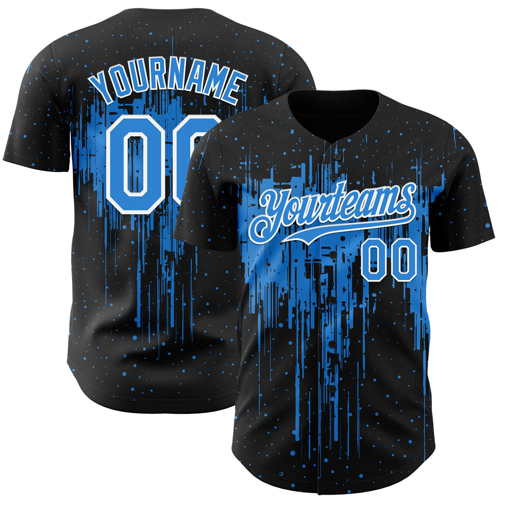 Custom Black Powder Blue-White Dripping Splatter Paint Authentic Baseball Jersey