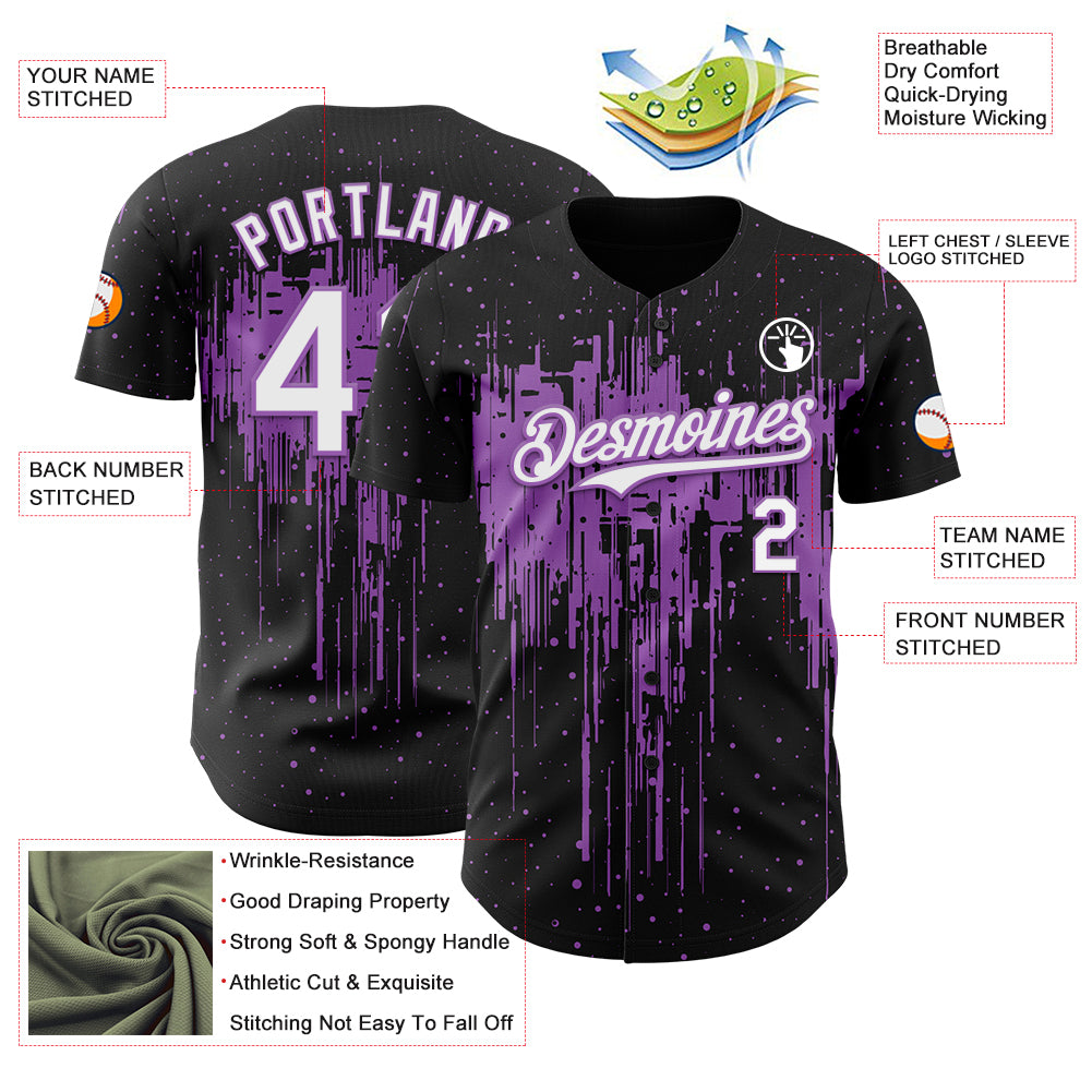 Custom Black White-Medium Purple Dripping Splatter Paint Authentic Baseball Jersey