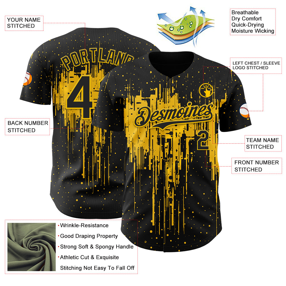 Custom Black Yellow Dripping Splatter Paint Authentic Baseball Jersey