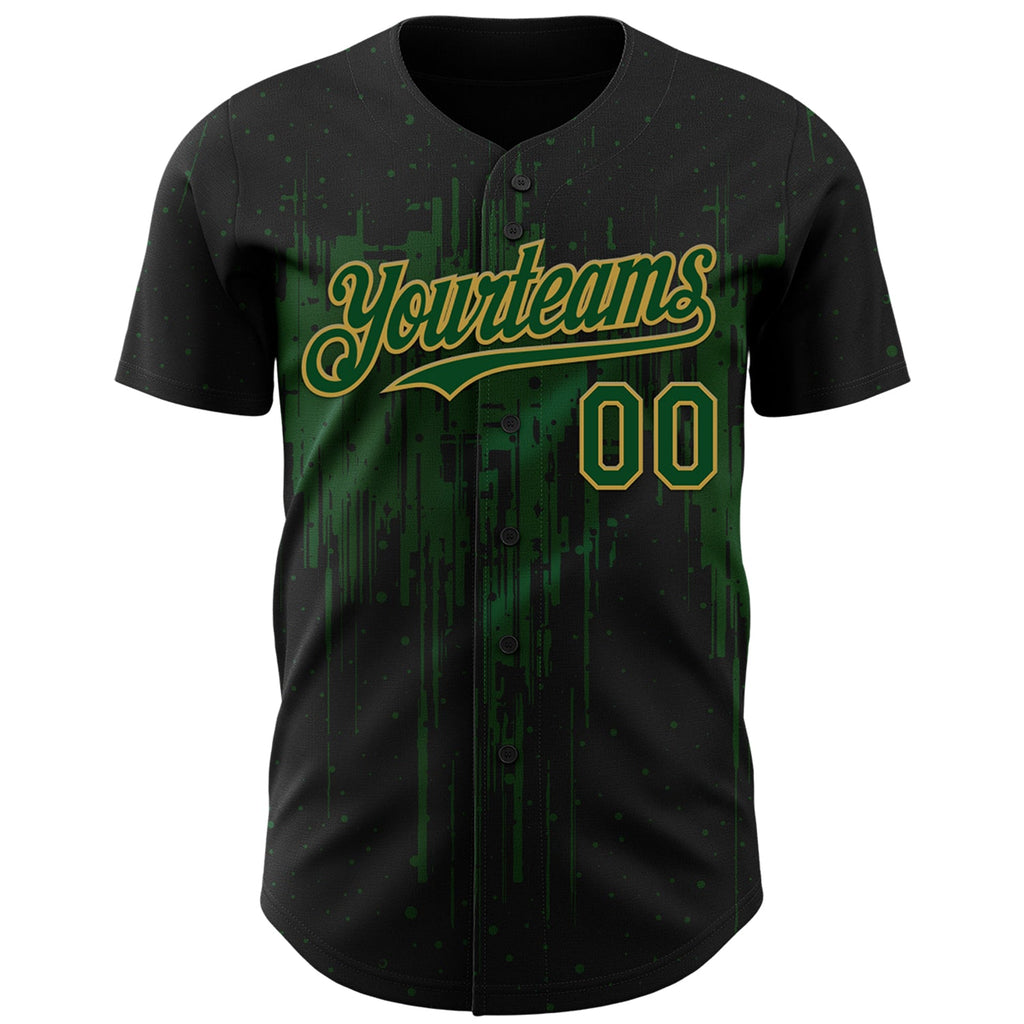Custom Black Green-Old Gold Dripping Splatter Paint Authentic Baseball Jersey