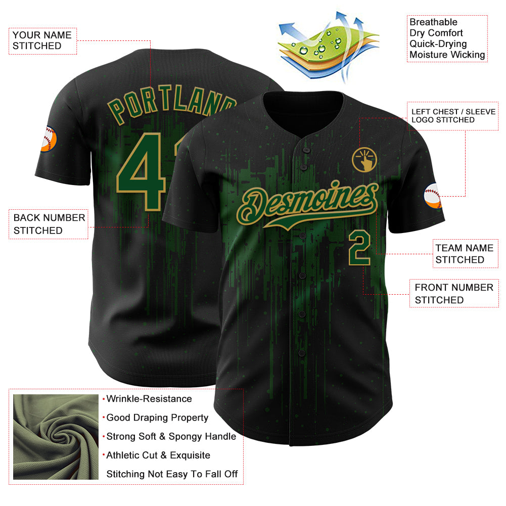 Custom Black Green-Old Gold Dripping Splatter Paint Authentic Baseball Jersey