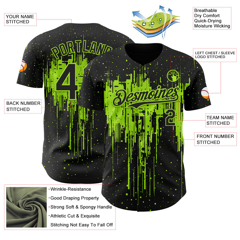 Custom Black Neon Green Dripping Splatter Paint Authentic Baseball Jersey