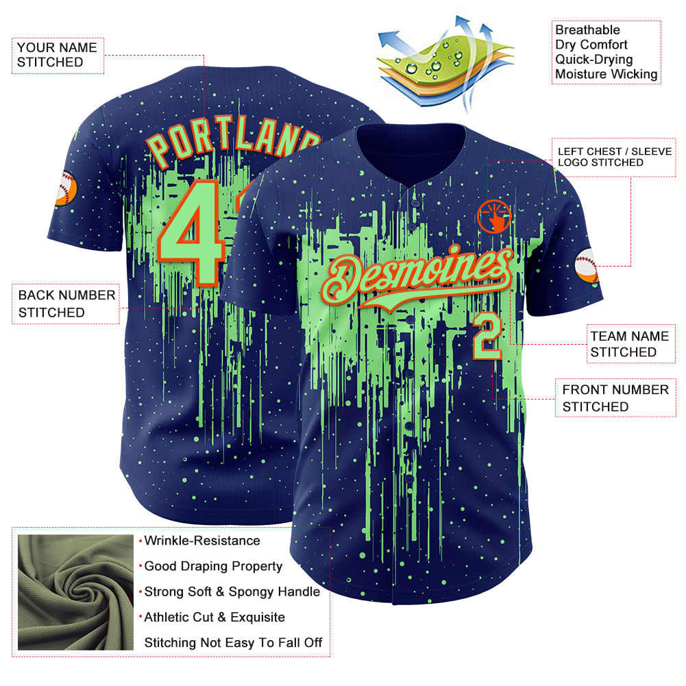 Custom Royal Pea Green-Orange Dripping Splatter Paint Authentic Baseball Jersey