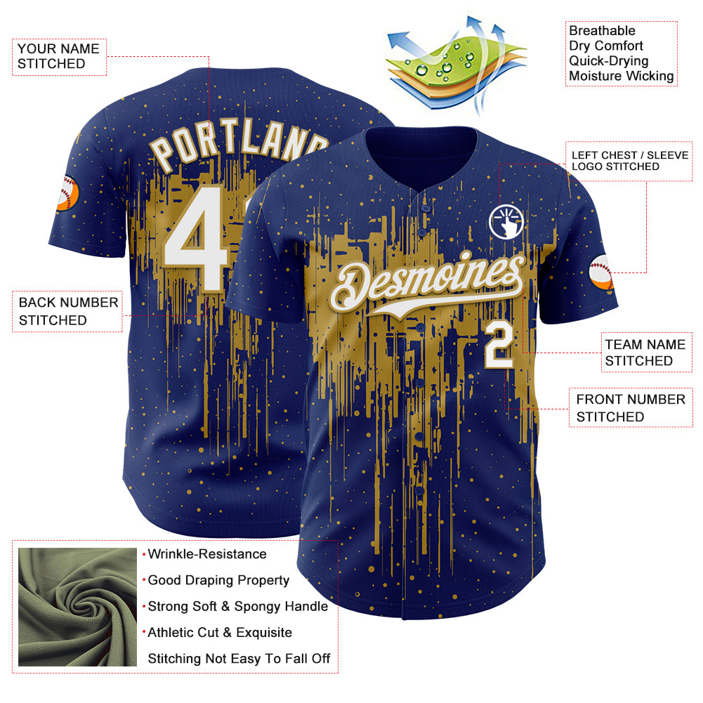 Custom Royal White-Old Gold Dripping Splatter Paint Authentic Baseball Jersey