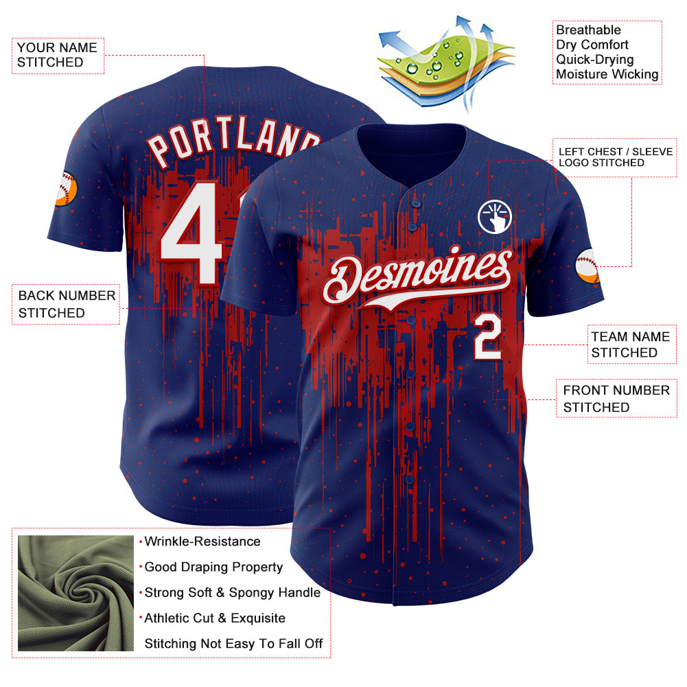 Custom Royal White-Red Dripping Splatter Paint Authentic Baseball Jersey