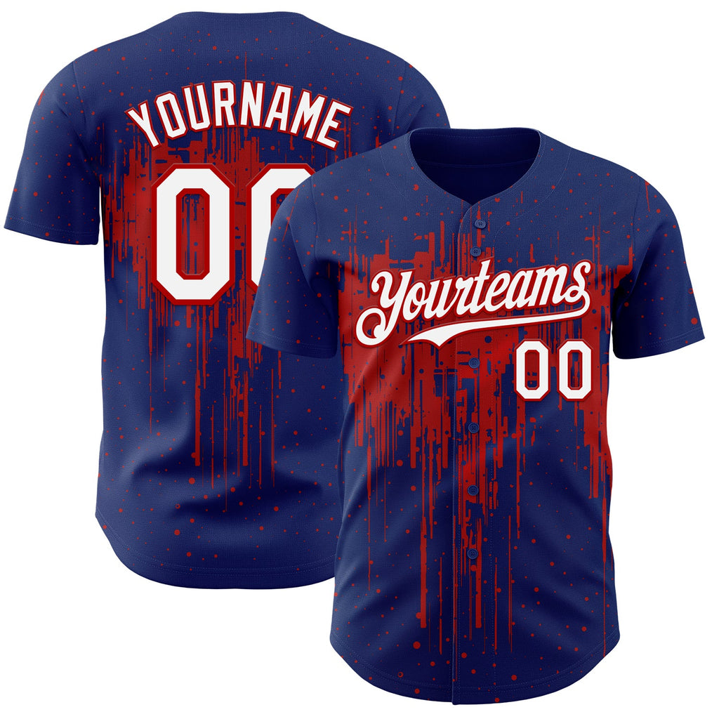 Custom Royal White-Red Dripping Splatter Paint Authentic Baseball Jersey