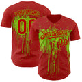 Custom Red Neon Green Dripping Splatter Paint Authentic Baseball Jersey