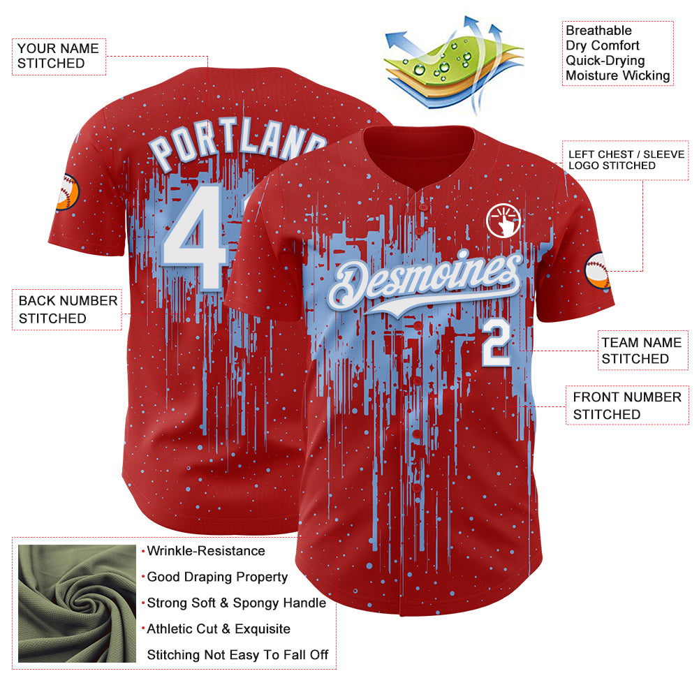 Custom Red White-Light Blue Dripping Splatter Paint Authentic Baseball Jersey
