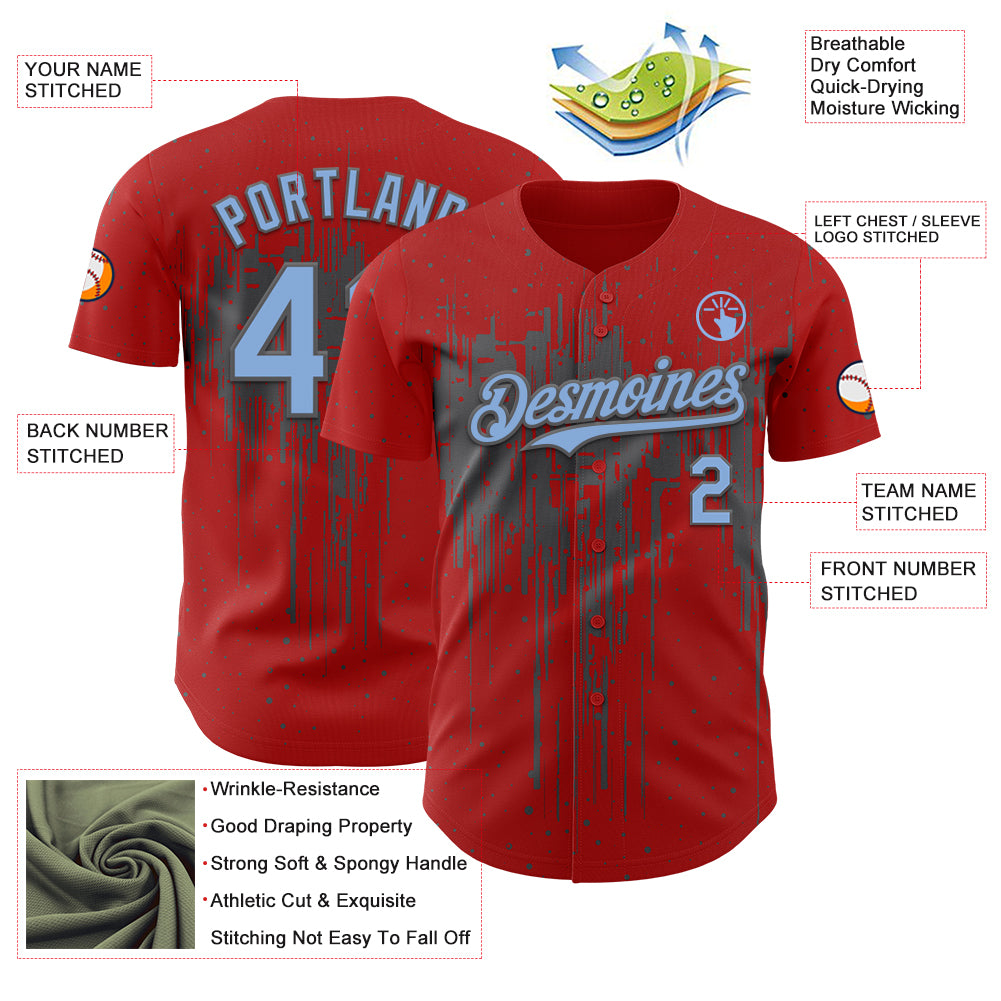 Custom Red Light Blue-Steel Gray Dripping Splatter Paint Authentic Baseball Jersey