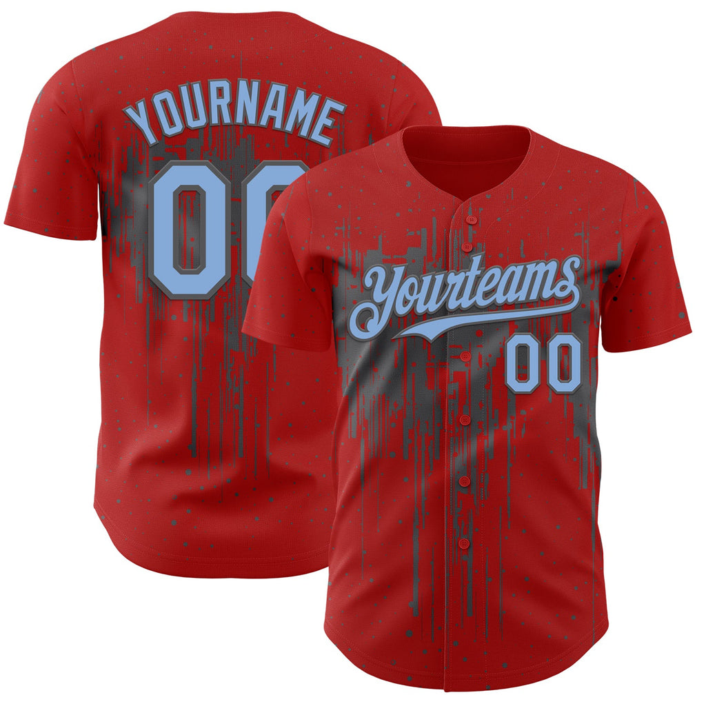 Custom Red Light Blue-Steel Gray Dripping Splatter Paint Authentic Baseball Jersey
