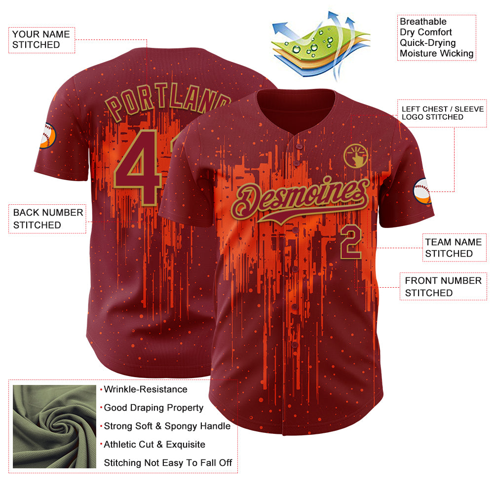 Custom Crimson Old Gold Orange Dripping Splatter Paint Authentic Baseball Jersey