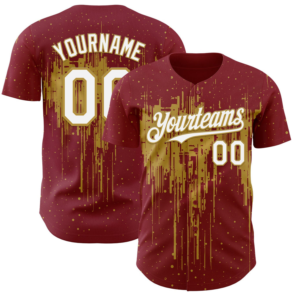 Custom Crimson White-Old Gold Dripping Splatter Paint Authentic Baseball Jersey