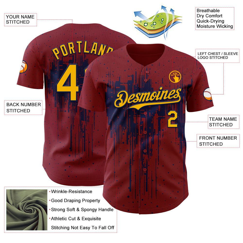 Custom Crimson Gold-Navy Dripping Splatter Paint Authentic Baseball Jersey