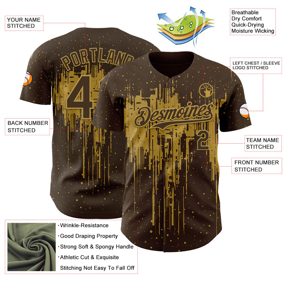 Custom Brown Old Gold Dripping Splatter Paint Authentic Baseball Jersey