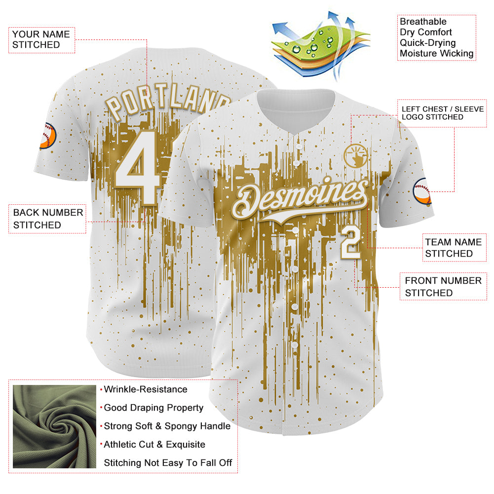 Custom White Old Gold Dripping Splatter Paint Authentic Baseball Jersey