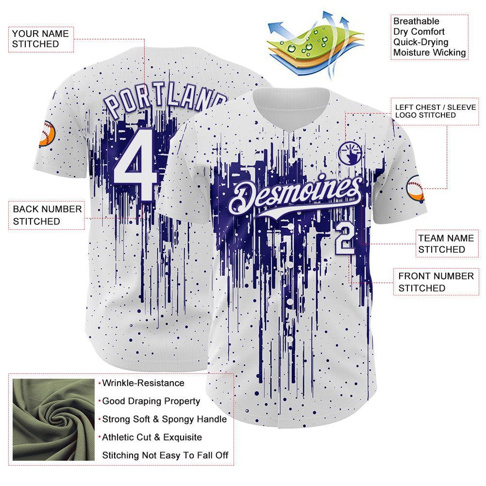 Custom White Dark Purple Dripping Splatter Paint Authentic Baseball Jersey