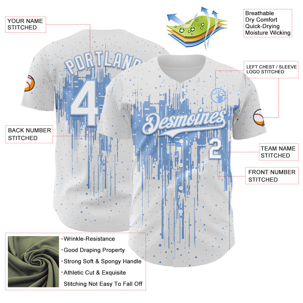 Custom White Light Blue Dripping Splatter Paint Authentic Baseball Jersey