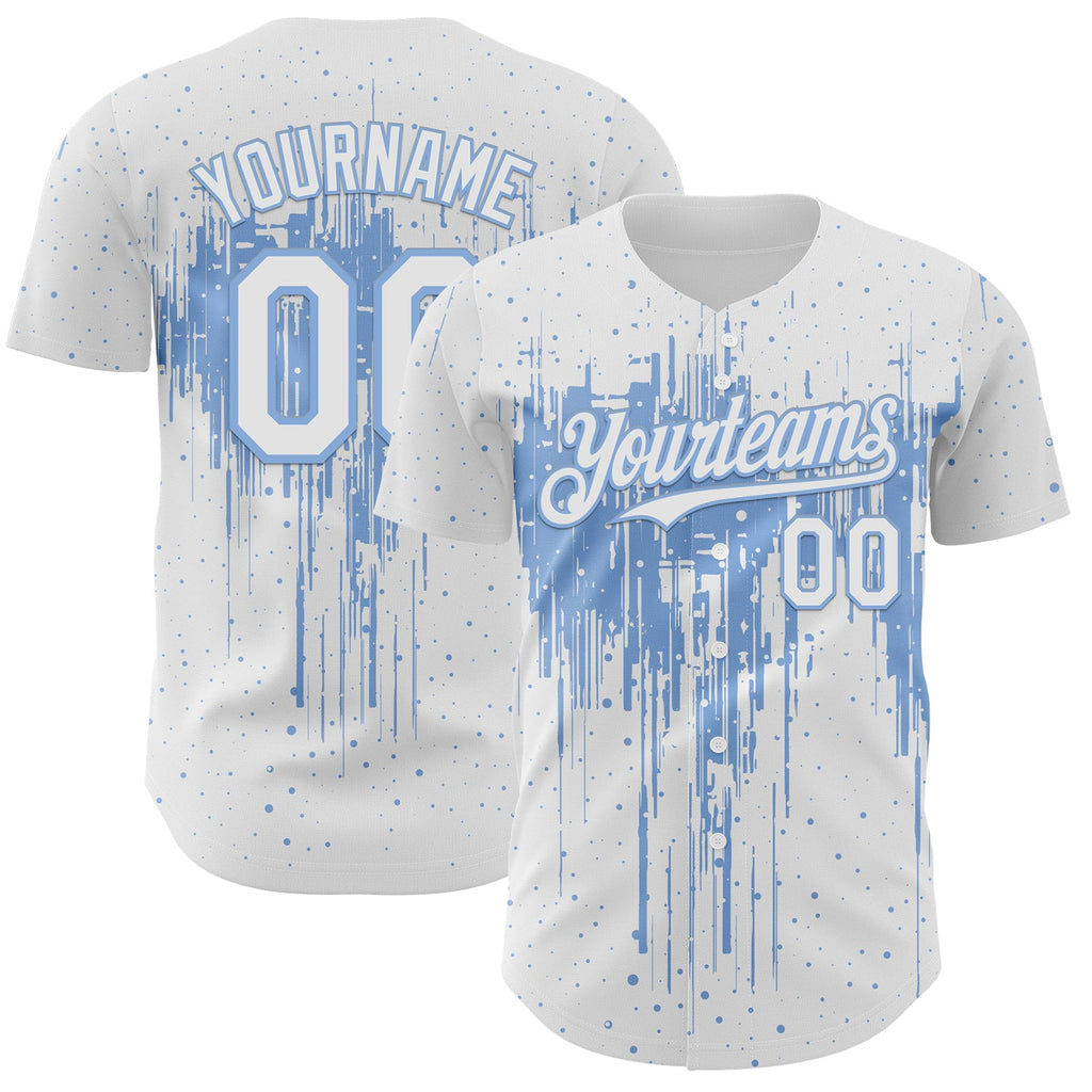Custom White Light Blue Dripping Splatter Paint Authentic Baseball Jersey