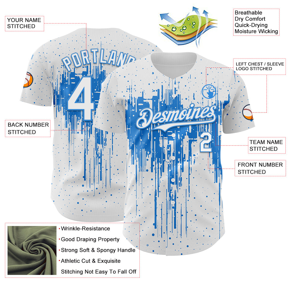 Custom White Powder Blue Dripping Splatter Paint Authentic Baseball Jersey