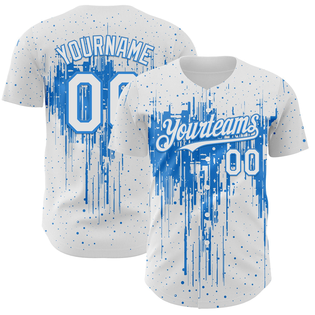 Custom White Powder Blue Dripping Splatter Paint Authentic Baseball Jersey