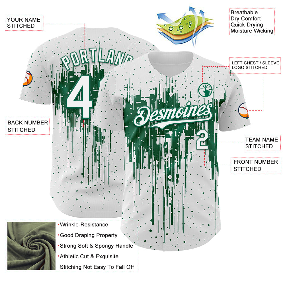 Custom White Kelly Green Dripping Splatter Paint Authentic Baseball Jersey