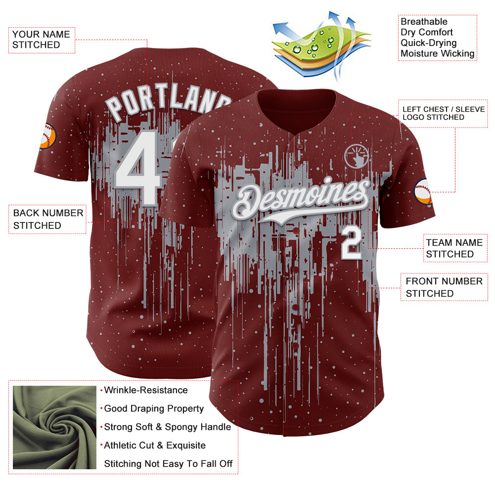 Custom Burgundy White-Gray Dripping Splatter Paint Authentic Baseball Jersey