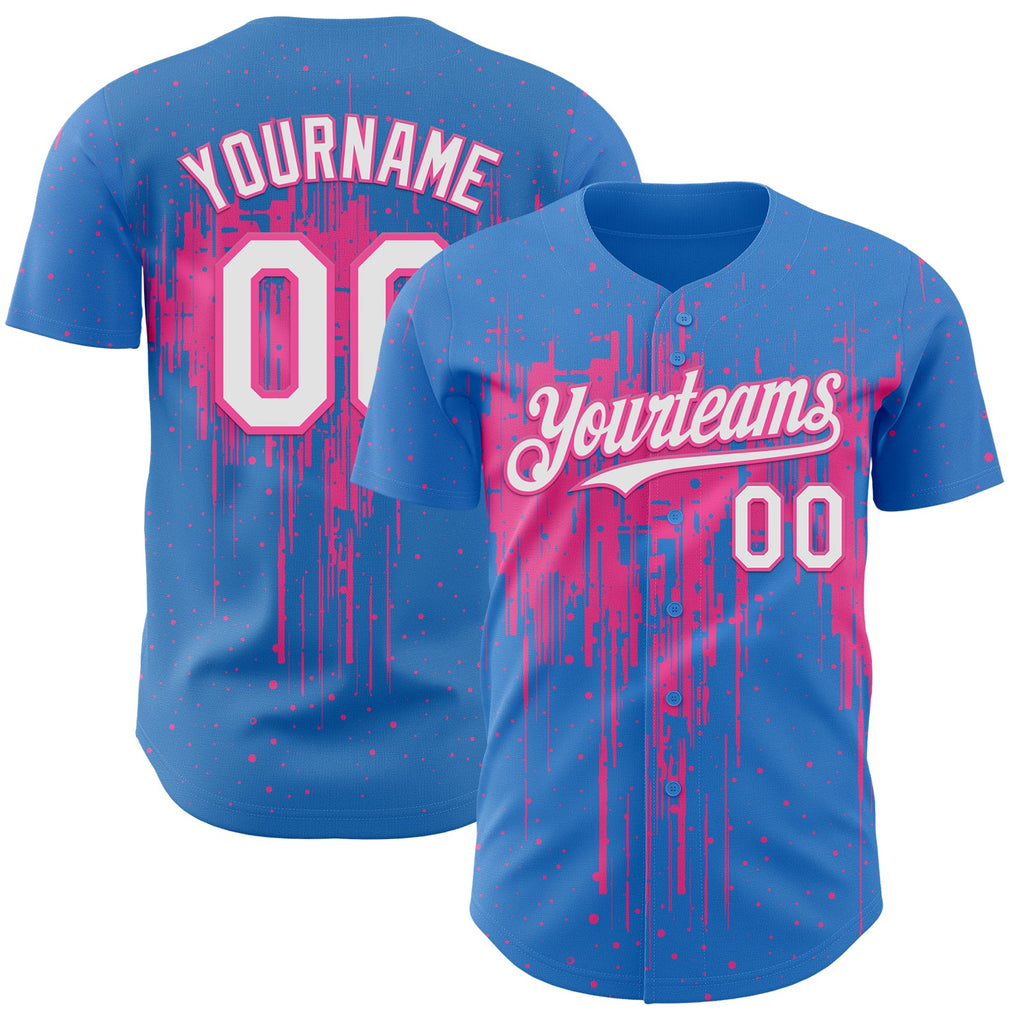 Custom Powder Blue White-Pink Dripping Splatter Paint Authentic Baseball Jersey