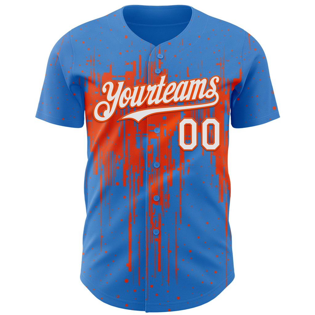 Custom Powder Blue White-Orange Dripping Splatter Paint Authentic Baseball Jersey