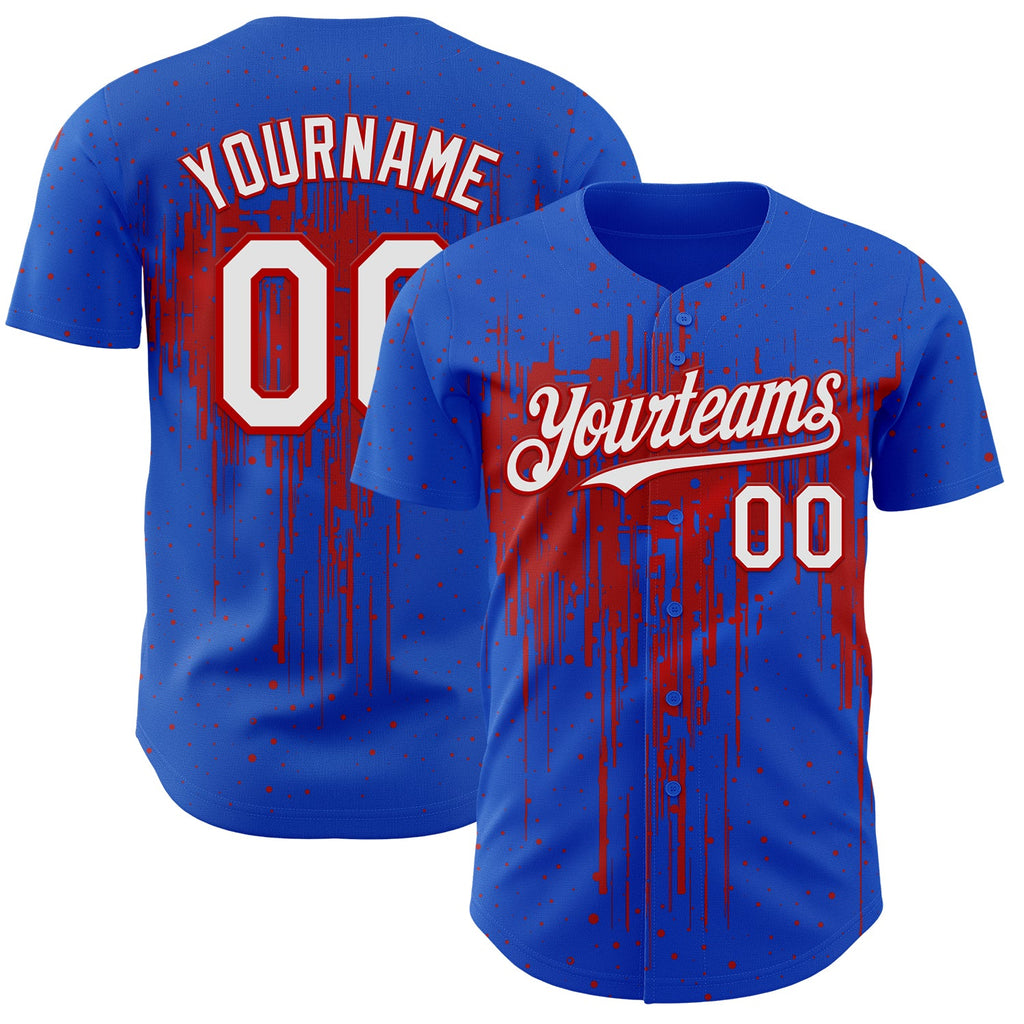 Custom Thunder Blue White-Red Dripping Splatter Paint Authentic Baseball Jersey