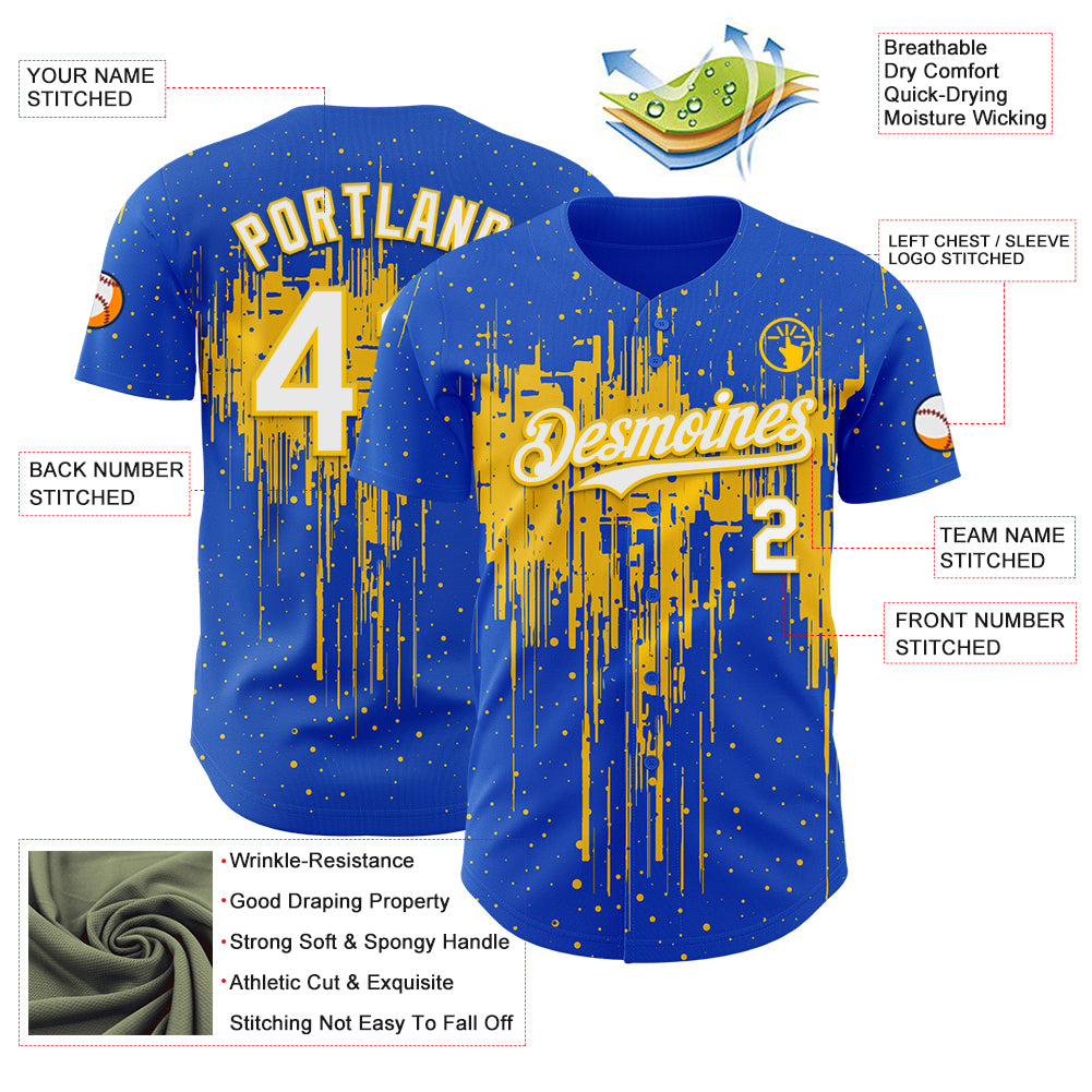 Custom Thunder Blue White-Yellow Dripping Splatter Paint Authentic Baseball Jersey