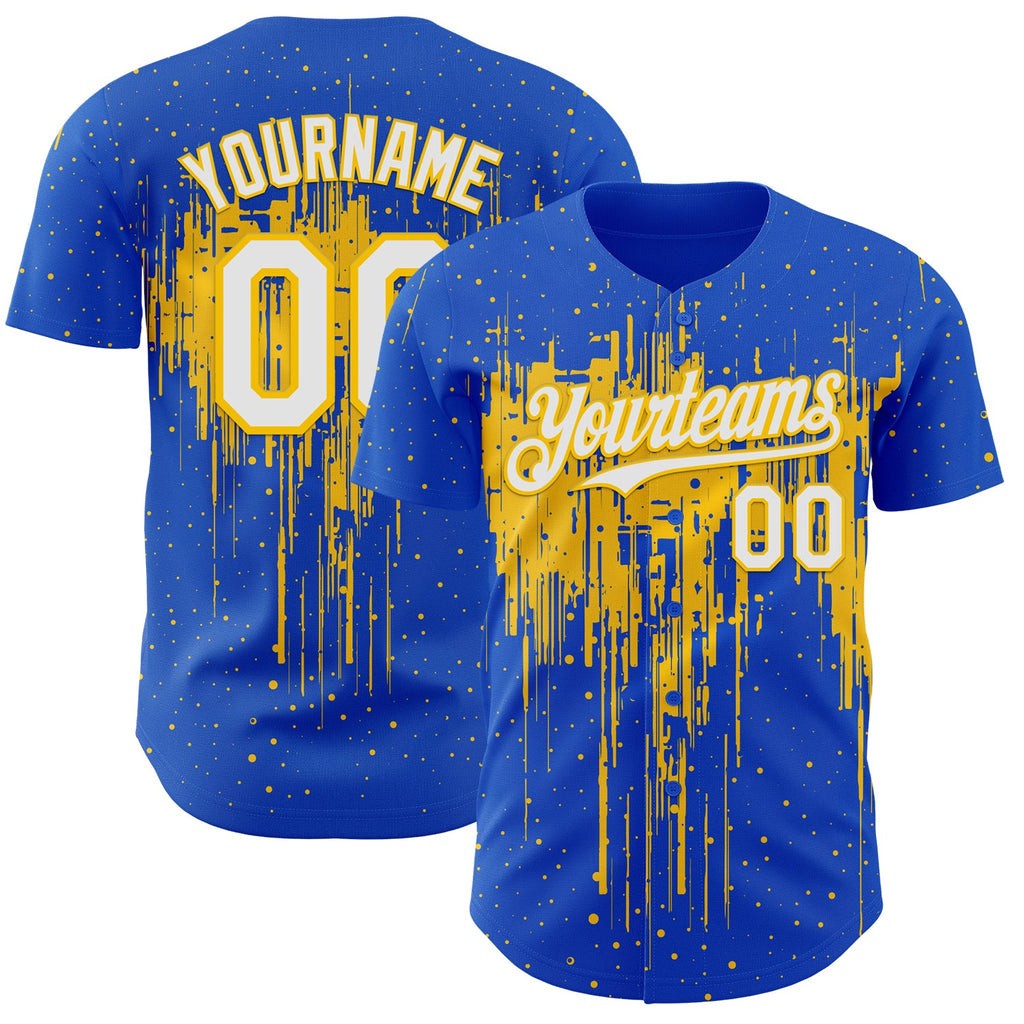 Custom Thunder Blue White-Yellow Dripping Splatter Paint Authentic Baseball Jersey