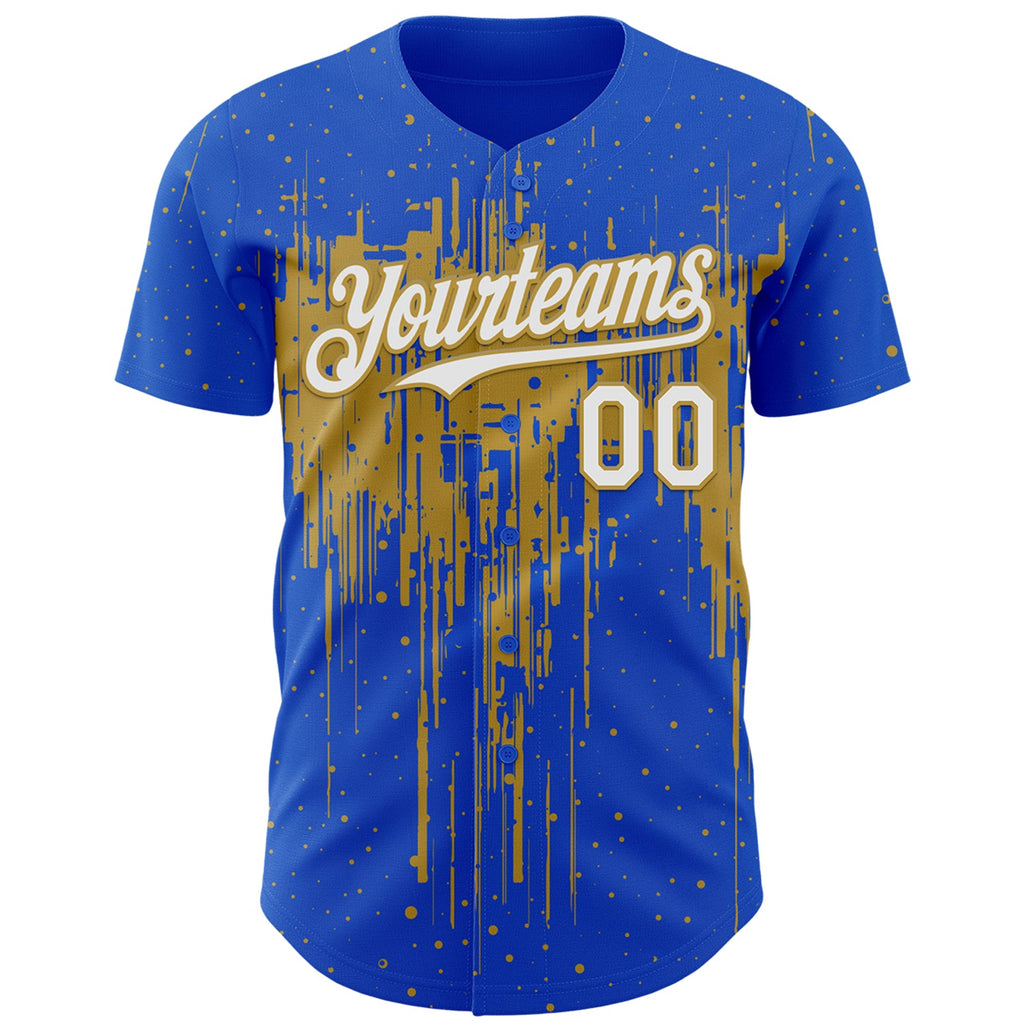 Custom Thunder Blue White-Old Gold Dripping Splatter Paint Authentic Baseball Jersey