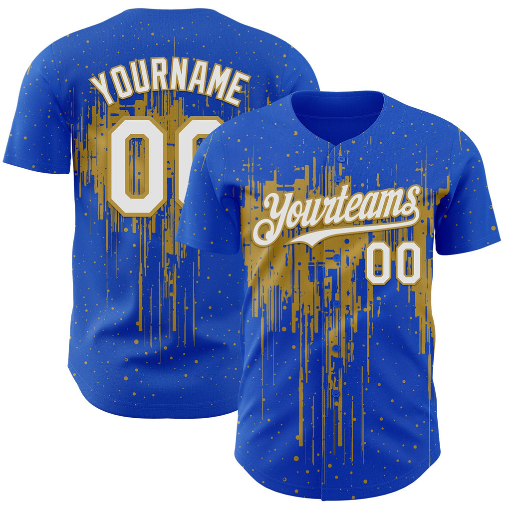 Custom Thunder Blue White-Old Gold Dripping Splatter Paint Authentic Baseball Jersey