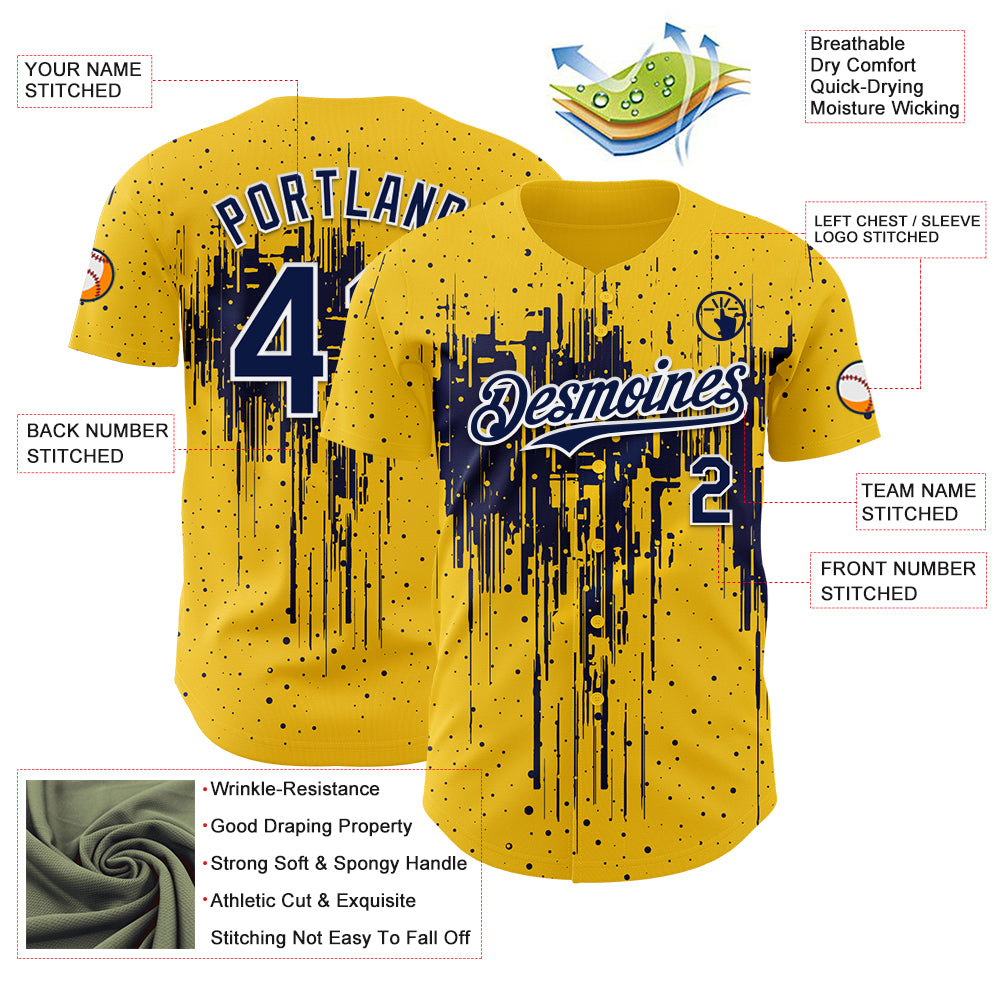 Custom Yellow Navy-White Dripping Splatter Paint Authentic Baseball Jersey