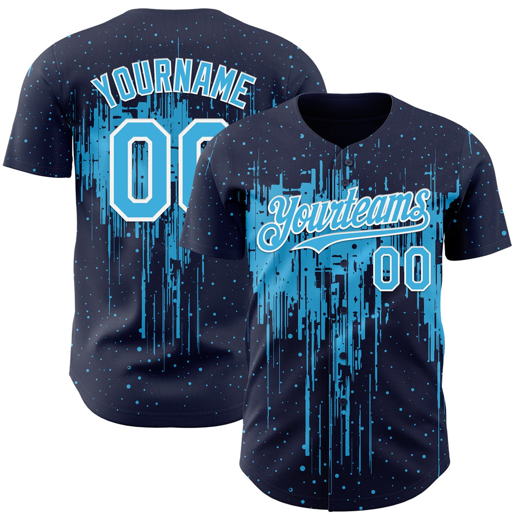 Custom Navy Sky Blue-White Dripping Splatter Paint Authentic Baseball Jersey