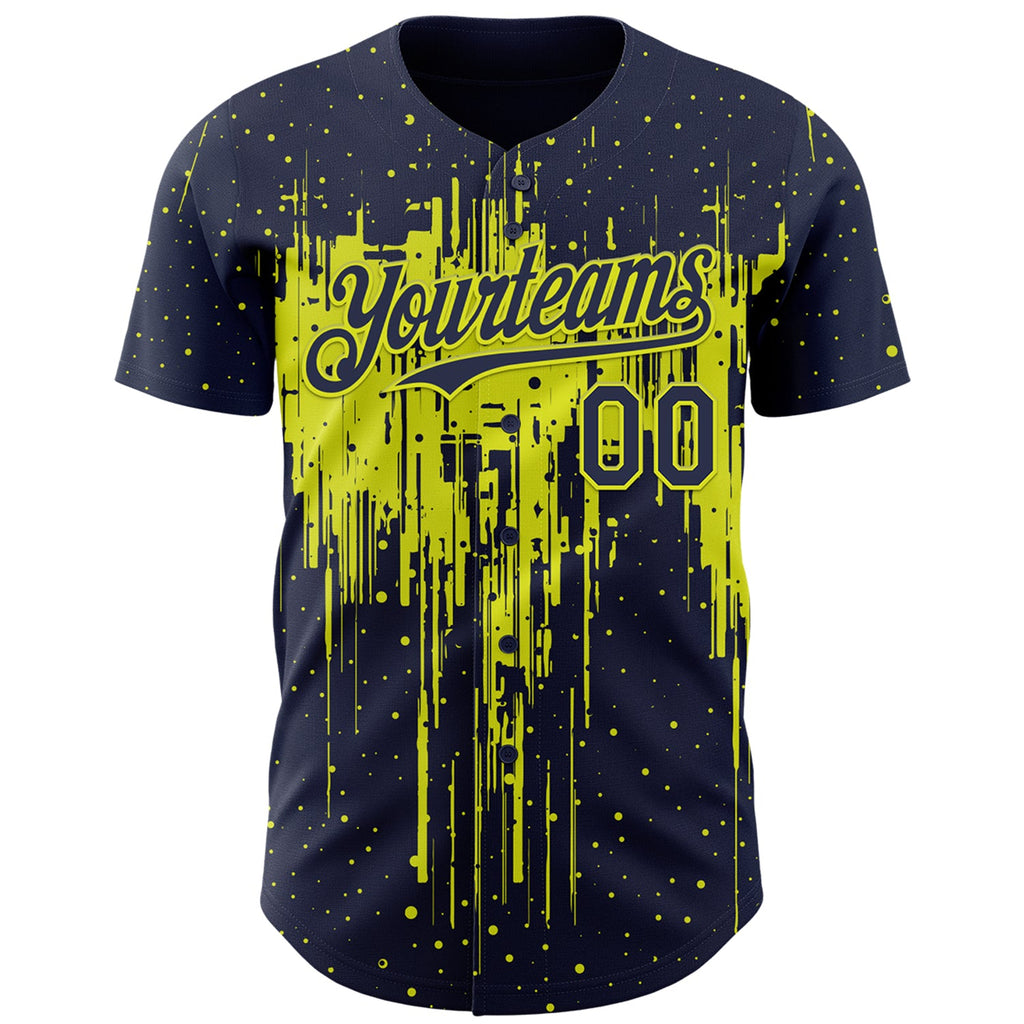 Custom Navy Neon Yellow Dripping Splatter Paint Authentic Baseball Jersey